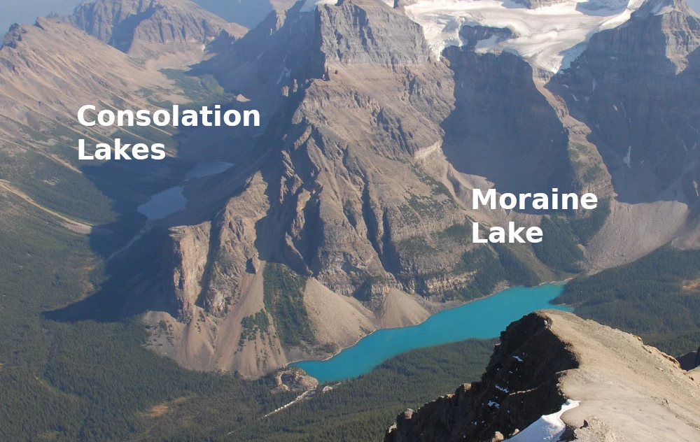 View of Consolation Lakes and Moraine Lake from Mt. Temple.