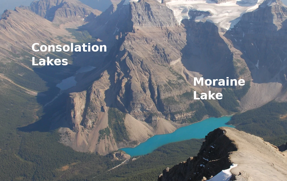 View of the Consolation Lakes, Moraine Lake from the top of Mt. Temple.