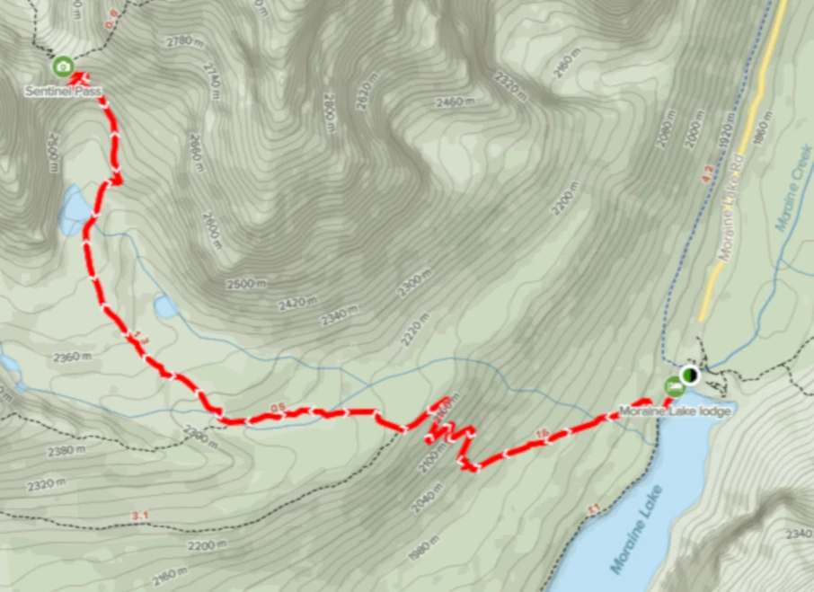 Map of the Larch Valley and Sentinel Pass.